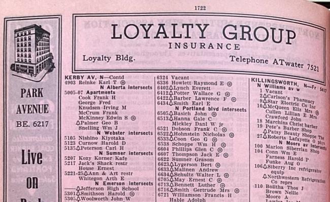 Close-up of a list of residents and businesses in Portland from the 1938 Portland city directory, arranged by address.
