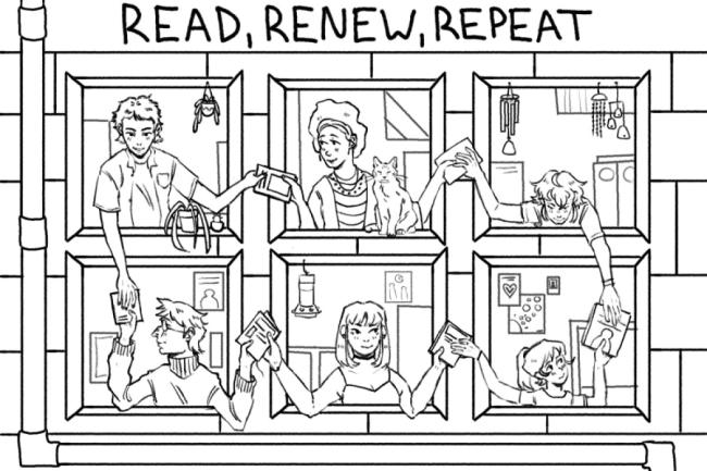 People in 6 windows handing books to each other. Text, Read, Renew, Repeat at the top