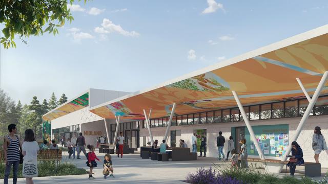 Rendering showing future Midland Library exterior, with outdoor space for community gathering