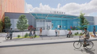 Exterior rendering of the new Northwest LIbrary on Pettygrove