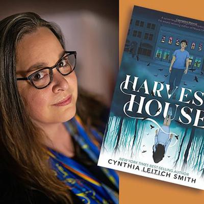 Author looking at the camera and book cover of Harvest House side by side