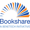 Các cuốn sách màu xanh dương và cam xếp thành hình bán nguyệt như chiếc quạt, biểu tượng của dịch vụ Bookshare, một sáng kiến của tổ chức Benetech. Liên kết đến Bookshare.
