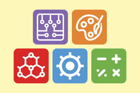 Five multi-colored tiles with white icons of a molecule, gear, mathematical signs, computer circuitry, and a painter's palette