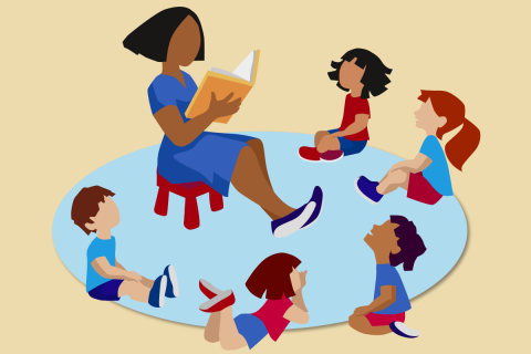 Illustration of five children with different skin tones and hair styles sitting on a blue rug around a black woman in a blue dress reading an orange story book, in front of a tan background.
