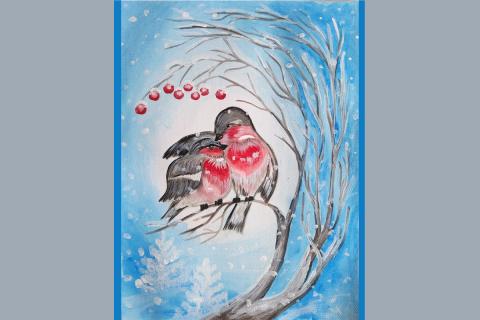 A photograph of a painting of two grey and red birds hugging each other on a tree branch