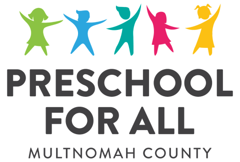 Logo for Preschool For All Multnomah County with 5 silhouettes of children in light green, blue, turquoise, dark pink, and dark yellow.