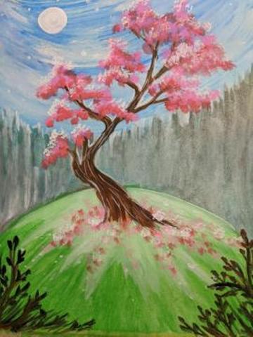 Painting of a tree with pink foliage on a green hill