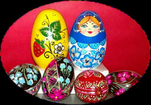 Image of six colorfully painted Russian eggs