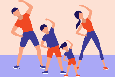 A family of four in matching blue and orange exercise outfits performing a coordinated stretch routine