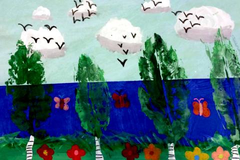 Painting of the horizon on a shore with trees, birds, flowers and butterflies. 