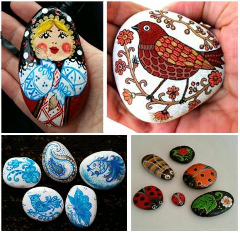 Four photographs of painted stones