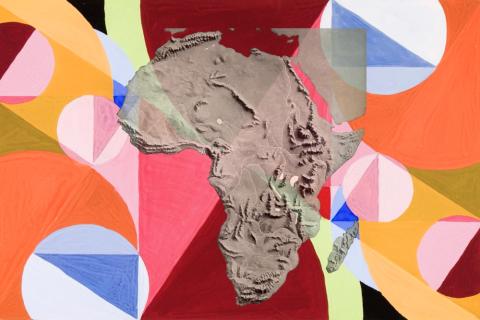 topographical map of Africa in front of abstract geometric shapes