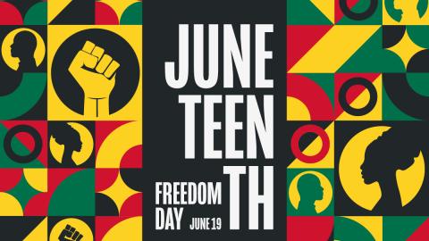 graphic Juneteenth logo in red, black, yellow, and green