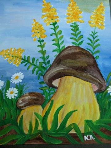 Painting of brown mushrooms and yellow flowers