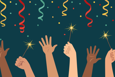 Illustration of six hands of different skin tones holding up three yellow sparklers against a dark blue background, with curly yellow, red, and blue streamers and confetti above