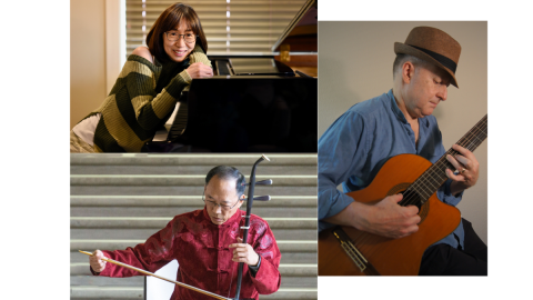 woman at piano, man with string instrument and bow, man with guitar