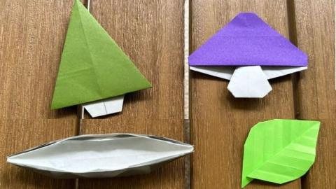 four origami designs: tree, mushroom, boat, leaf