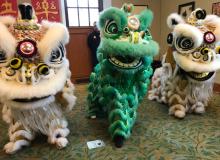 Photograph of three lion dance puppets, two white and one green