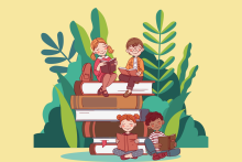 Illustration of four children reading and sitting on a stack of books in front of an abstract forest landscape.