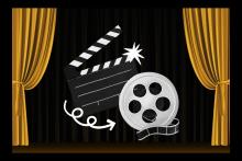 a clapperboard with a spiraling arrow pointing to a film reel between golden curtains