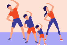 A family of four in matching blue and orange exercise outfits performing a coordinated stretch routine