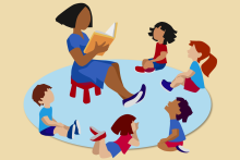 Five children on a blue rug gathered around a woman in a blue dress reading a story book