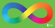 Rainbow gradient infinity symbol on a green background
