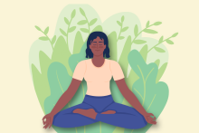 Illustration of a smiling black woman in a white t-shirt and blue leggings, sitting in a cross legged yoga meditation pose with her eyes closed, in front of green leafy plants and a white background