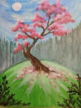 Painting of a tree with pink foliage on a green hill