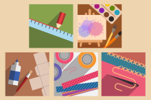 Illustration of five different crafts: a colored pencil and ruler, a set of paints splattered on paper, glue and brush with folded paper, brightly colored string, needle and thread