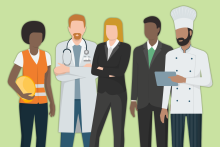 Illustration of a construction worker, doctor, chef, and two people in business suits.