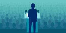 Illustration of a speaker at a podium in front of a crowd of people