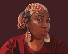 painting of an African descent woman's face wearing a headwrap and earrings