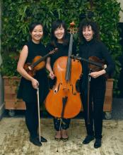 three smiling musicians in black clothing holding stringed instruments