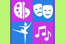Four white icons on blue and pink tiles representing different artistic mediums: a ballerina, musical notes, a paintbrush and palette, and the smiling/frowning drama masks