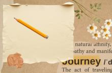 brown scraps of paper with a pencil, flowers, and the word 'journey'