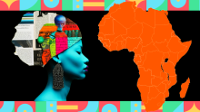 abstract profile of an African descent woman next to a map of Africa on a colorful background