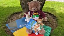 Photo of teddy bear with Read t-shirt, giant library card, a Russian children's book, a stuffed rabbit