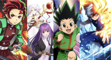 Five characters from popular anime shows are shown in side-by-side vertical panels.