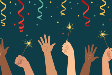 illustration of many hands (various skin colors) holding sparklers with ribbons at the top.