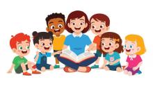 Illustration of many little kids smiling around an adult reading out of a book.