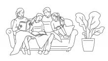 Line drawing of a family reading together on a couch with a plant on the side.