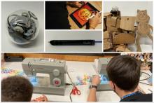 A collage of photos showing a Sphero robot, an iPad with a digital drawing, a 3D pen, a robot and a monkey made of cardboard, and two teens using sewing machines