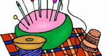 cartoon of pin cushion, spool and thimble - logo for Crafty Crew