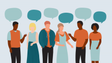  illustration of five people with different genders, skin tones, and ethnicities talking to each other