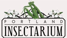 PDX Insectarium logo surrounded by flowers and topped with a green praying mantis.