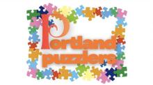 Graphic for the Portland Puzzlers surrounded with colorful puzzle pieces.