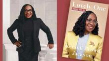 Photo of Justice Brown standing and a photo of the book cover for Lovely One