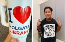 Child and mug showing examples of custom stickers