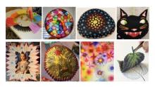 Several different photos of various crafts (leaf printing, rock painting, etc) in a rainbow of colors.